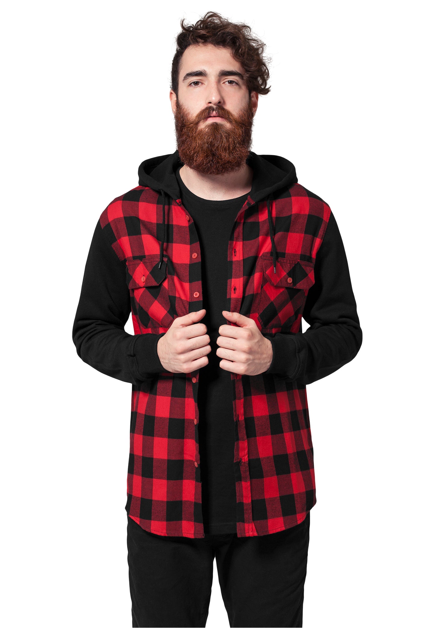 Urban Classics Hooded Checked Flanell Sweat Sleeve Hemd in Rot