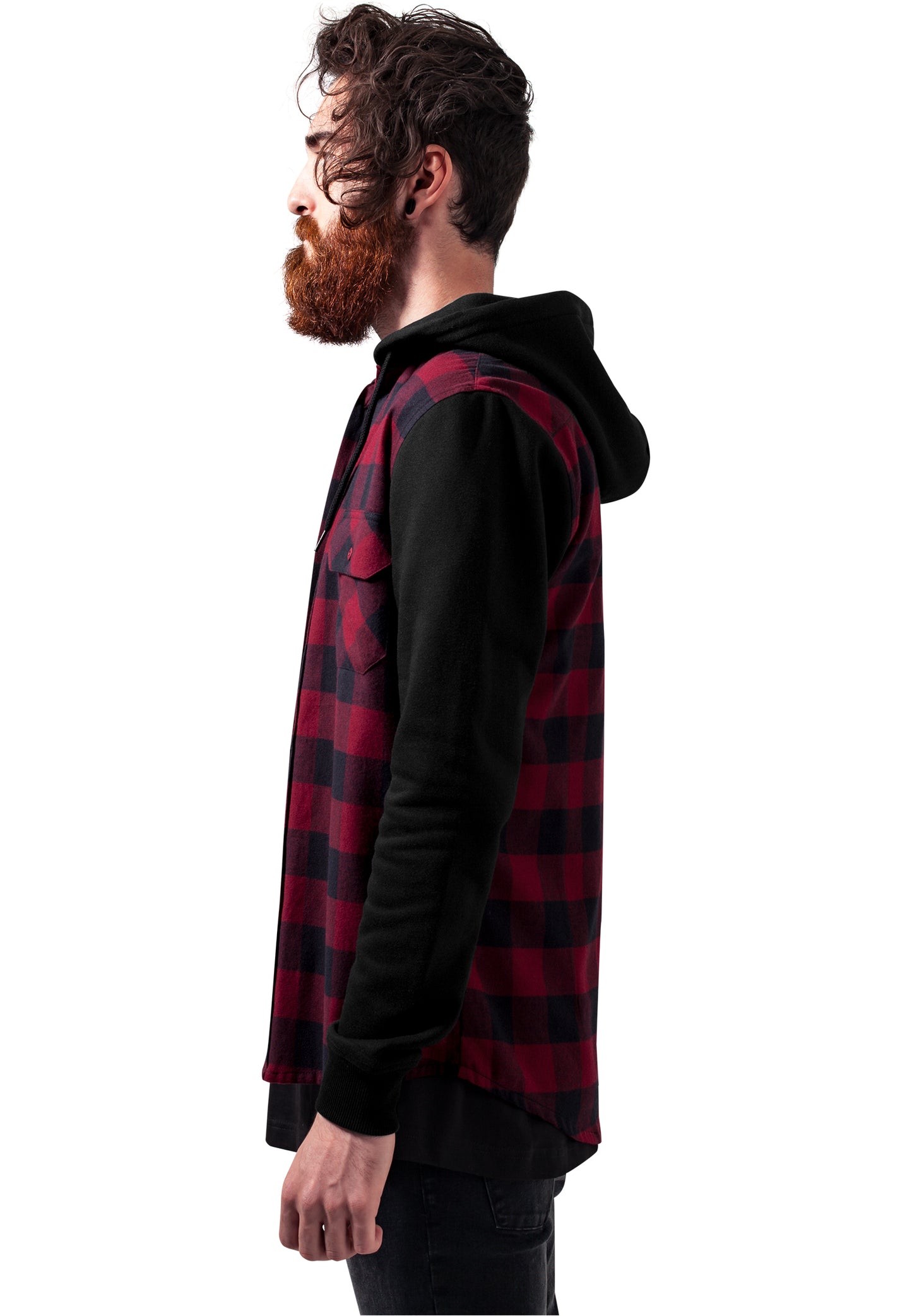Urban Classics Hooded Checked Flanell Sweat Sleeve Hemd in Burgundy